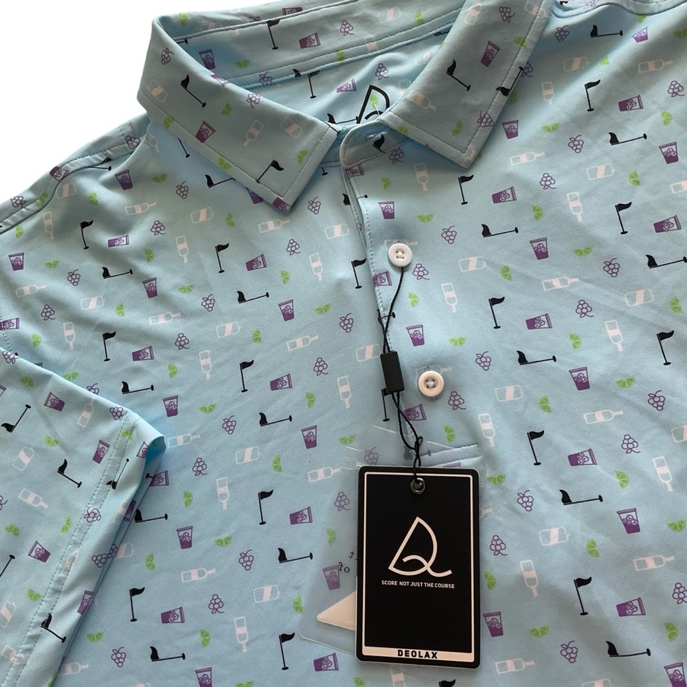 Deolax Polo Shirt XL Blue Golf Performance Stretch Wine Transfusion Print NWT